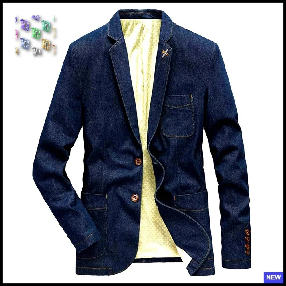 Slim Denim Blazer Sport Coat Two Button Casual Business Suit Jacket